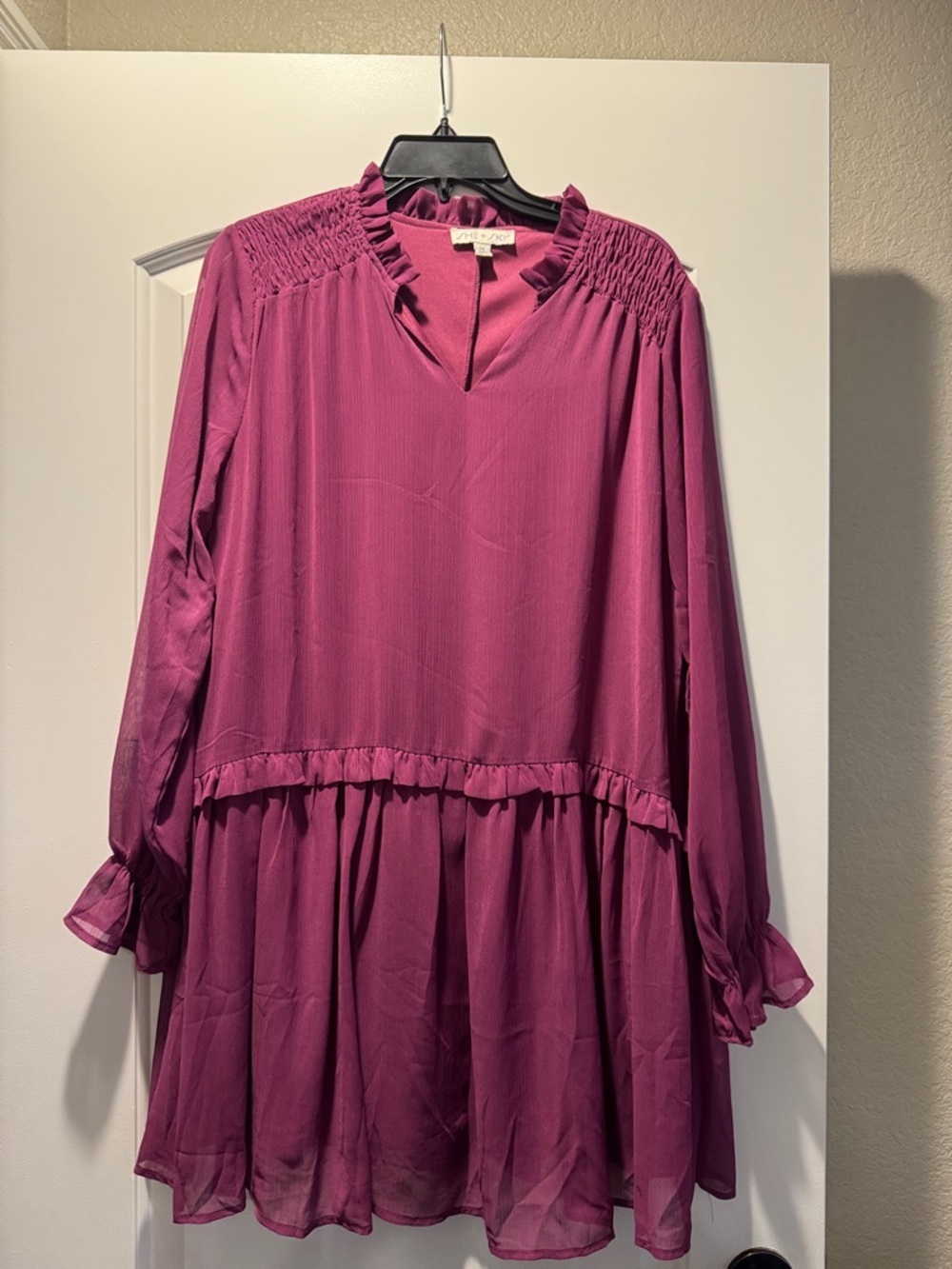 She + Sky Long Sleeve Ruffled Smocked Yoke Dress - Magenta